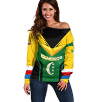 Comoros Off Shoulder Sweater with National Colors Green Yellow Black Crescent Moon and Stars Emblem