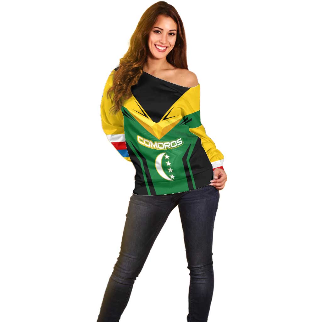 Comoros Off Shoulder Sweater with National Colors Green Yellow Black Crescent Moon and Stars Emblem