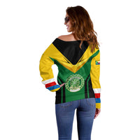 Comoros Off Shoulder Sweater with National Colors Green Yellow Black Crescent Moon and Stars Emblem