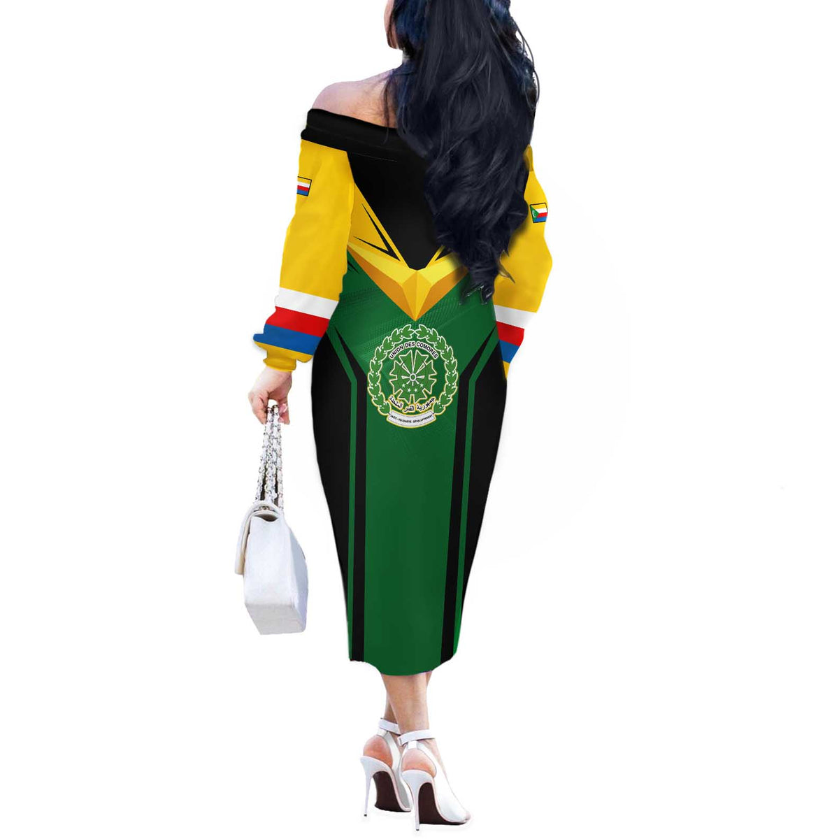Comoros Off The Shoulder Long Sleeve Dress with National Colors Green Yellow Black Crescent Moon and Stars Emblem