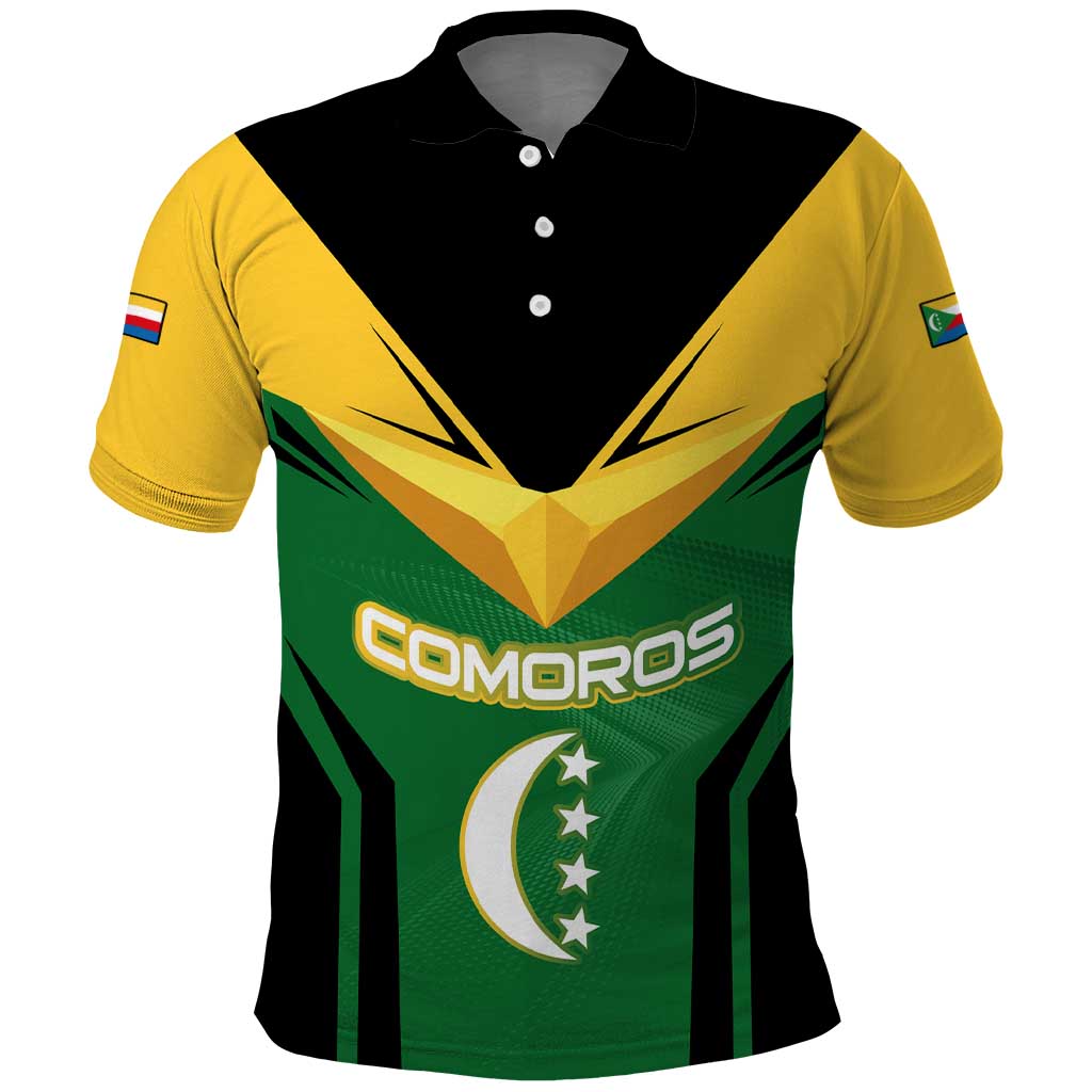Comoros Polo Shirt with National Colors Green Yellow Black Crescent Moon and Stars Emblem