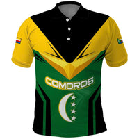 Comoros Polo Shirt with National Colors Green Yellow Black Crescent Moon and Stars Emblem