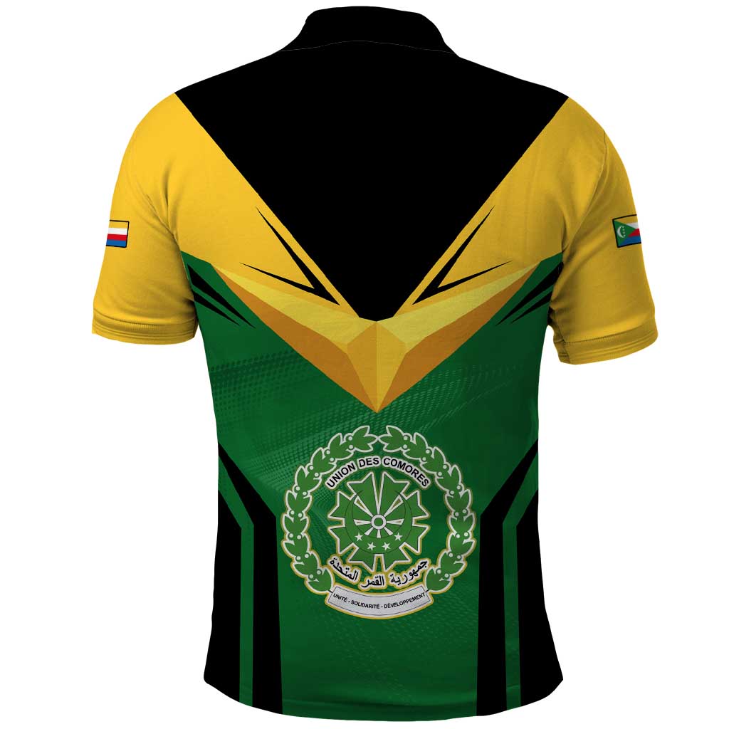 Comoros Polo Shirt with National Colors Green Yellow Black Crescent Moon and Stars Emblem