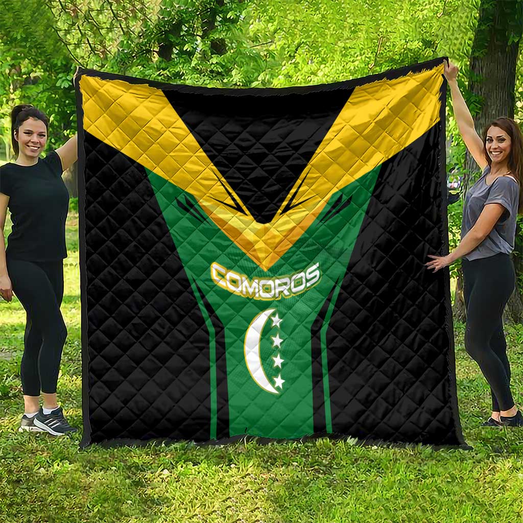 Comoros Quilt with National Colors Green Yellow Black Crescent Moon and Stars Emblem