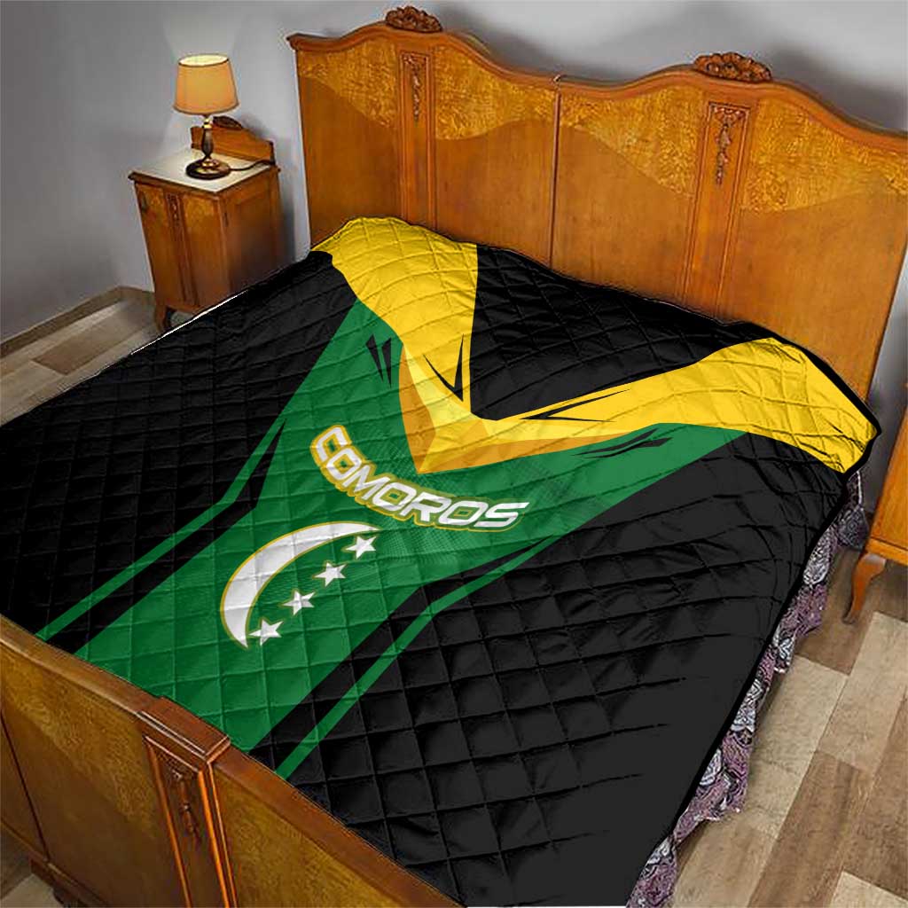 Comoros Quilt with National Colors Green Yellow Black Crescent Moon and Stars Emblem