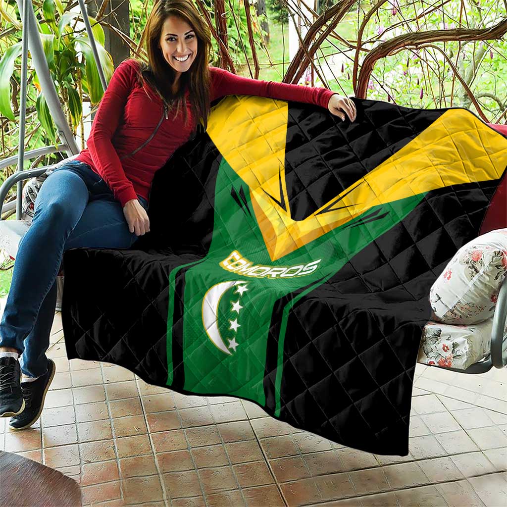 Comoros Quilt with National Colors Green Yellow Black Crescent Moon and Stars Emblem