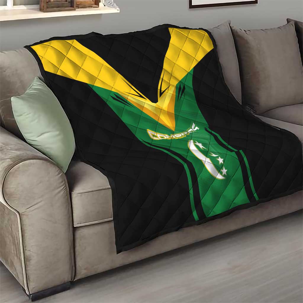 Comoros Quilt with National Colors Green Yellow Black Crescent Moon and Stars Emblem