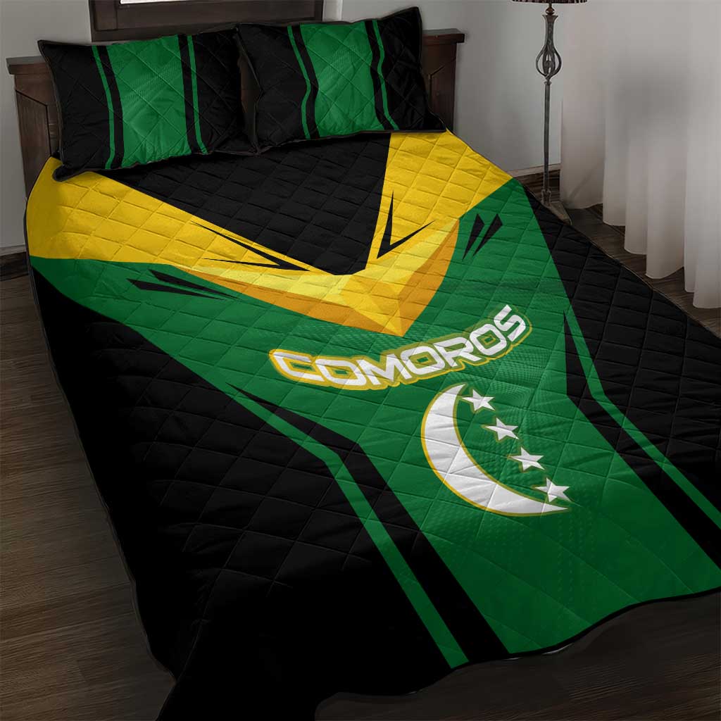 Comoros Quilt Bed Set with National Colors Green Yellow Black Crescent Moon and Stars Emblem