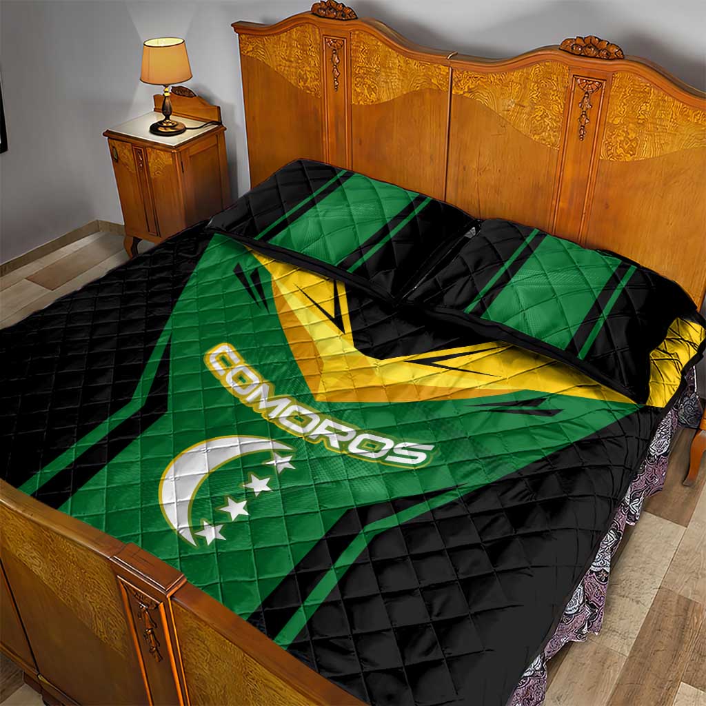 Comoros Quilt Bed Set with National Colors Green Yellow Black Crescent Moon and Stars Emblem