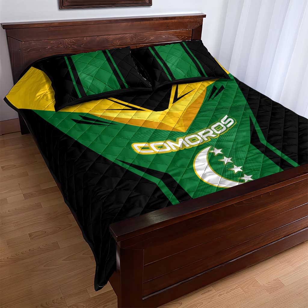 Comoros Quilt Bed Set with National Colors Green Yellow Black Crescent Moon and Stars Emblem