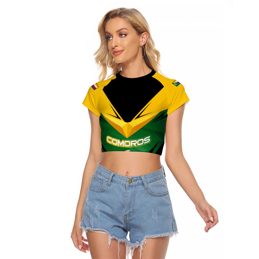 Comoros Raglan Cropped T Shirt with National Colors Green Yellow Black Crescent Moon and Stars Emblem