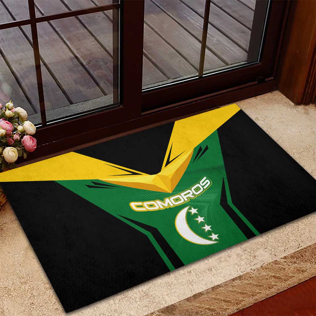Comoros Rubber Doormat with National Colors Green Yellow Black Crescent Moon and Stars Emblem
