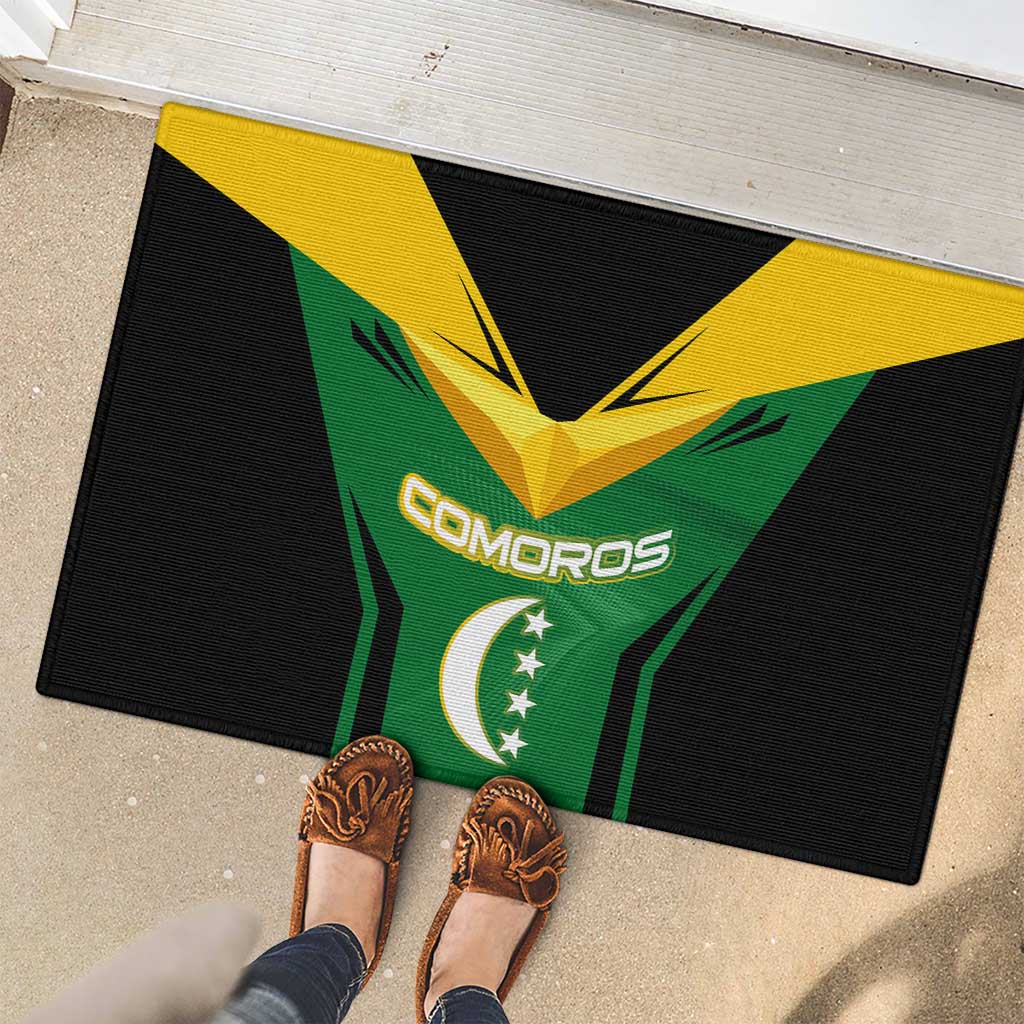 Comoros Rubber Doormat with National Colors Green Yellow Black Crescent Moon and Stars Emblem