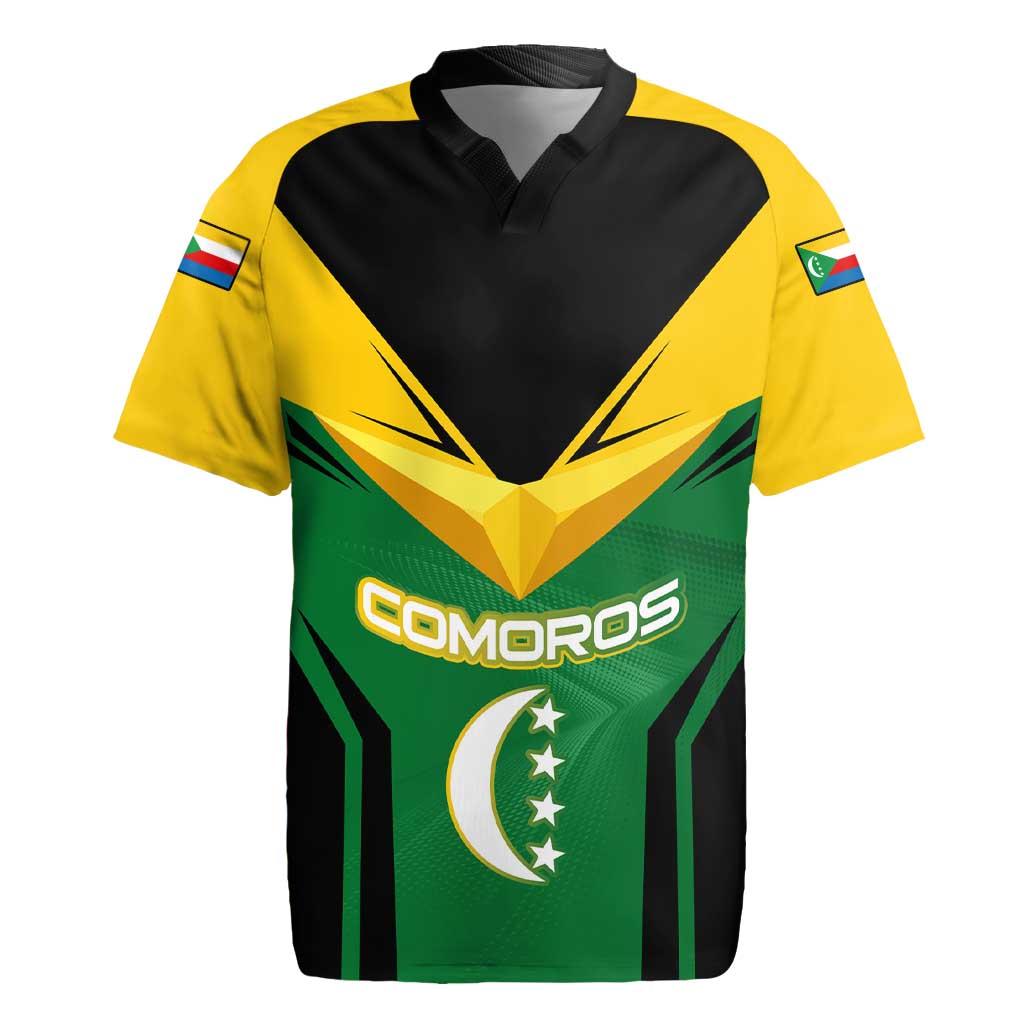 Comoros Rugby Jersey with National Colors Green Yellow Black Crescent Moon and Stars Emblem