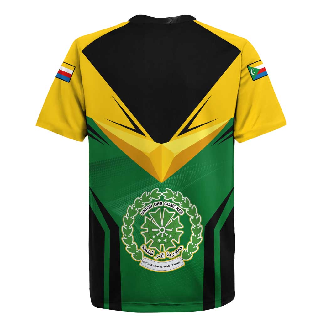 Comoros Rugby Jersey with National Colors Green Yellow Black Crescent Moon and Stars Emblem