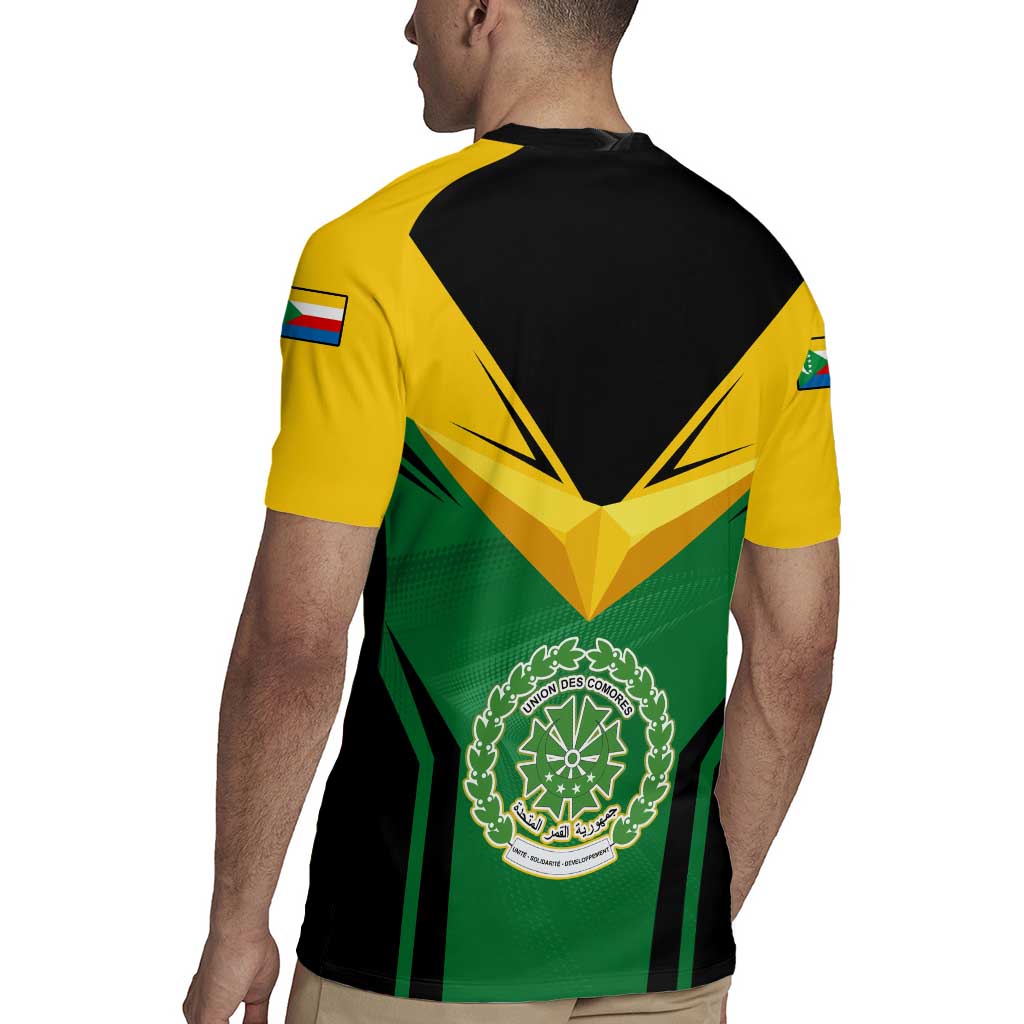 Comoros Rugby Jersey with National Colors Green Yellow Black Crescent Moon and Stars Emblem