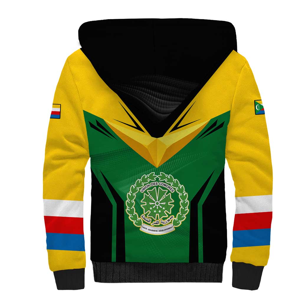 Comoros Sherpa Hoodie with National Colors Green Yellow Black Crescent Moon and Stars Emblem