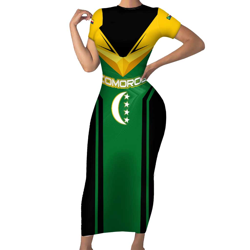 Comoros Short Sleeve Bodycon Dress with National Colors Green Yellow Black Crescent Moon and Stars Emblem