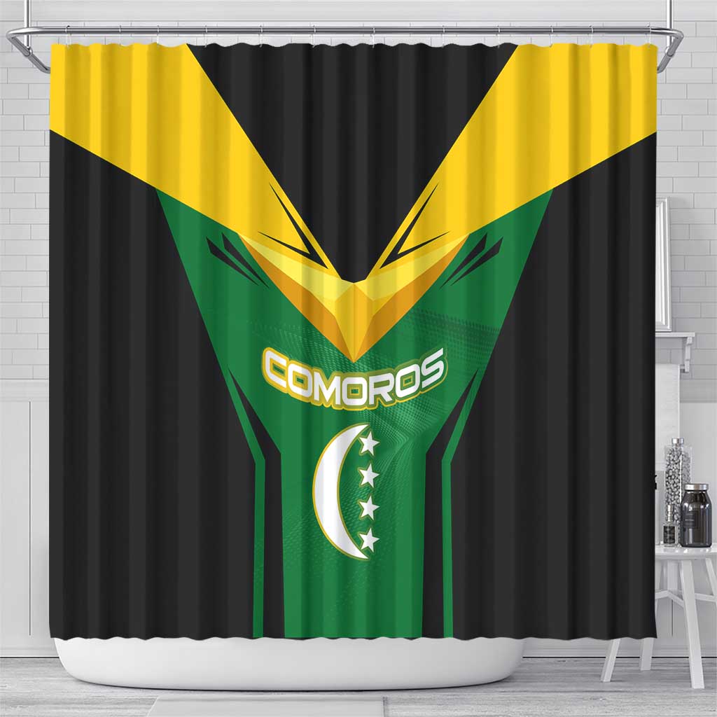 Comoros Shower Curtain with National Colors Green Yellow Black Crescent Moon and Stars Emblem