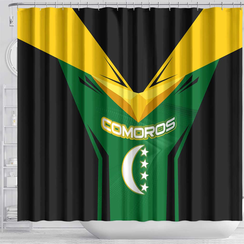 Comoros Shower Curtain with National Colors Green Yellow Black Crescent Moon and Stars Emblem