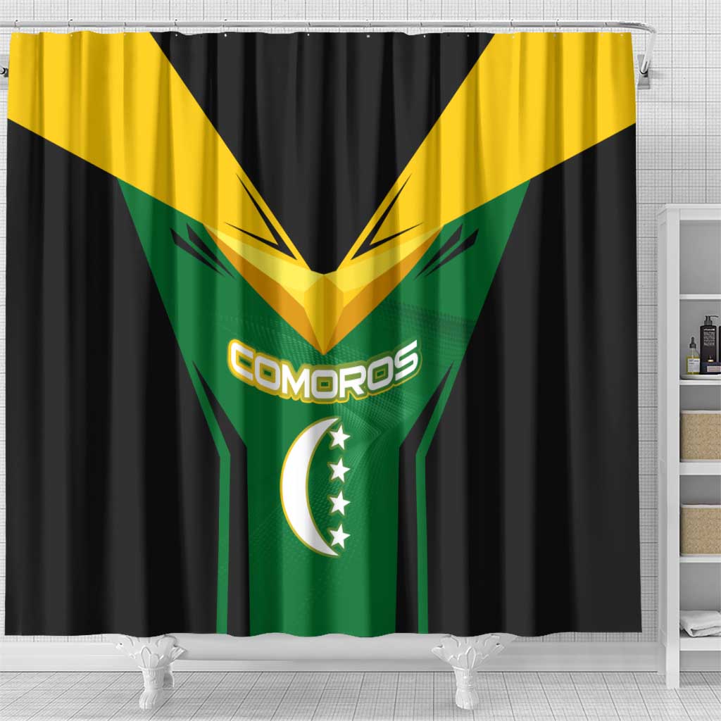 Comoros Shower Curtain with National Colors Green Yellow Black Crescent Moon and Stars Emblem