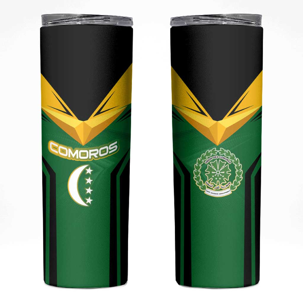 Comoros Skinny Tumbler with National Colors Green Yellow Black Crescent Moon and Stars Emblem