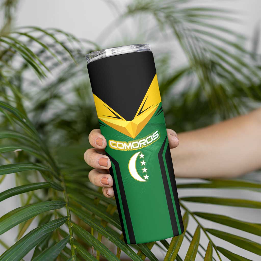 Comoros Skinny Tumbler with National Colors Green Yellow Black Crescent Moon and Stars Emblem