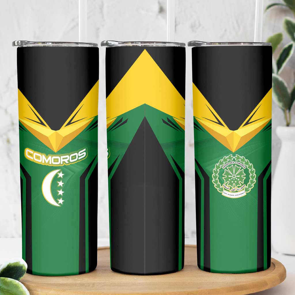 Comoros Skinny Tumbler with National Colors Green Yellow Black Crescent Moon and Stars Emblem