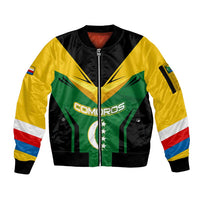Comoros Sleeve Zip Bomber Jacket with National Colors Green Yellow Black Crescent Moon and Stars Emblem