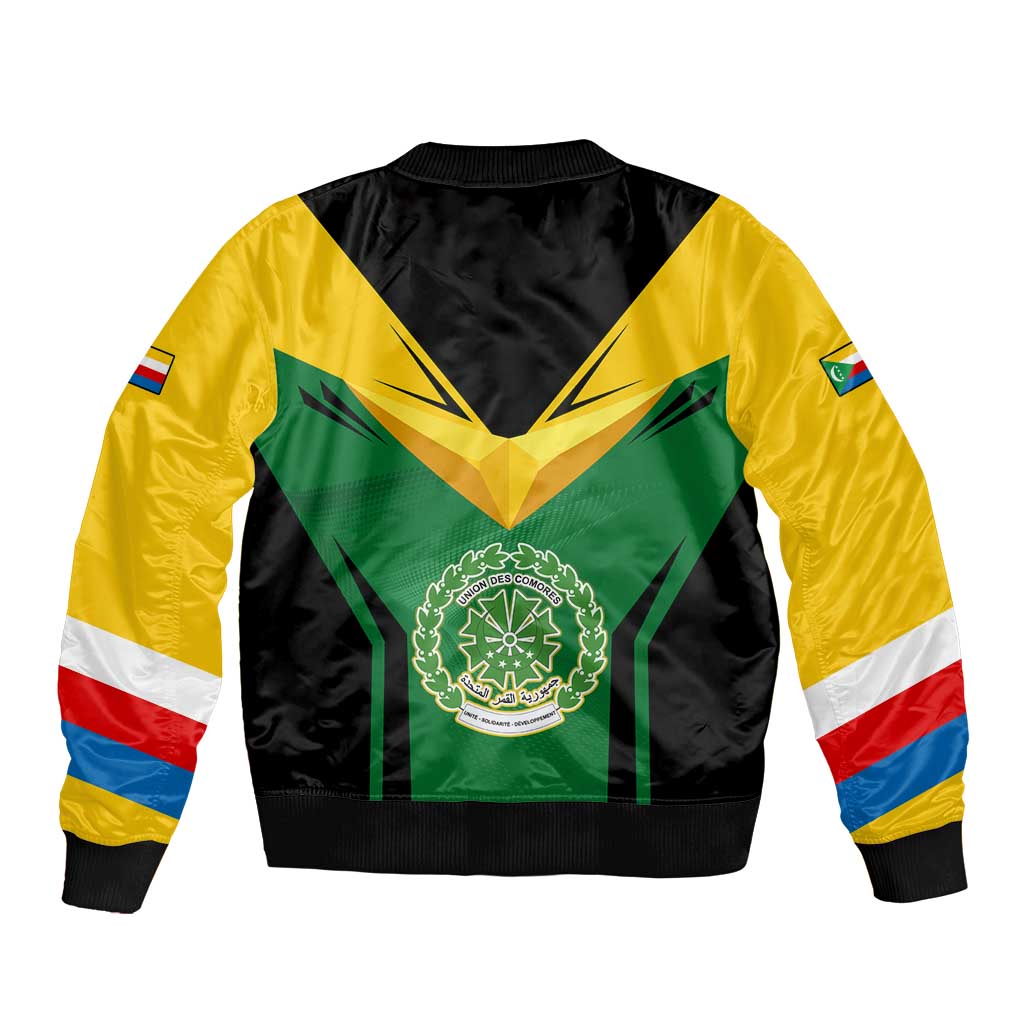 Comoros Sleeve Zip Bomber Jacket with National Colors Green Yellow Black Crescent Moon and Stars Emblem