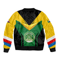 Comoros Sleeve Zip Bomber Jacket with National Colors Green Yellow Black Crescent Moon and Stars Emblem