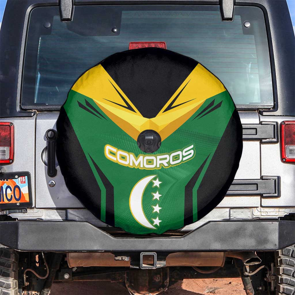 Comoros Spare Tire Cover with National Colors Green Yellow Black Crescent Moon and Stars Emblem