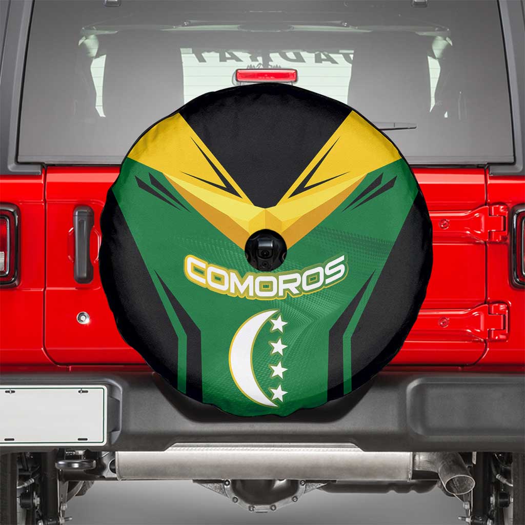 Comoros Spare Tire Cover with National Colors Green Yellow Black Crescent Moon and Stars Emblem