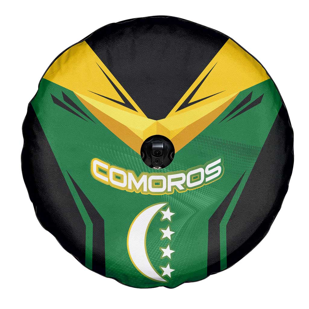 Comoros Spare Tire Cover with National Colors Green Yellow Black Crescent Moon and Stars Emblem