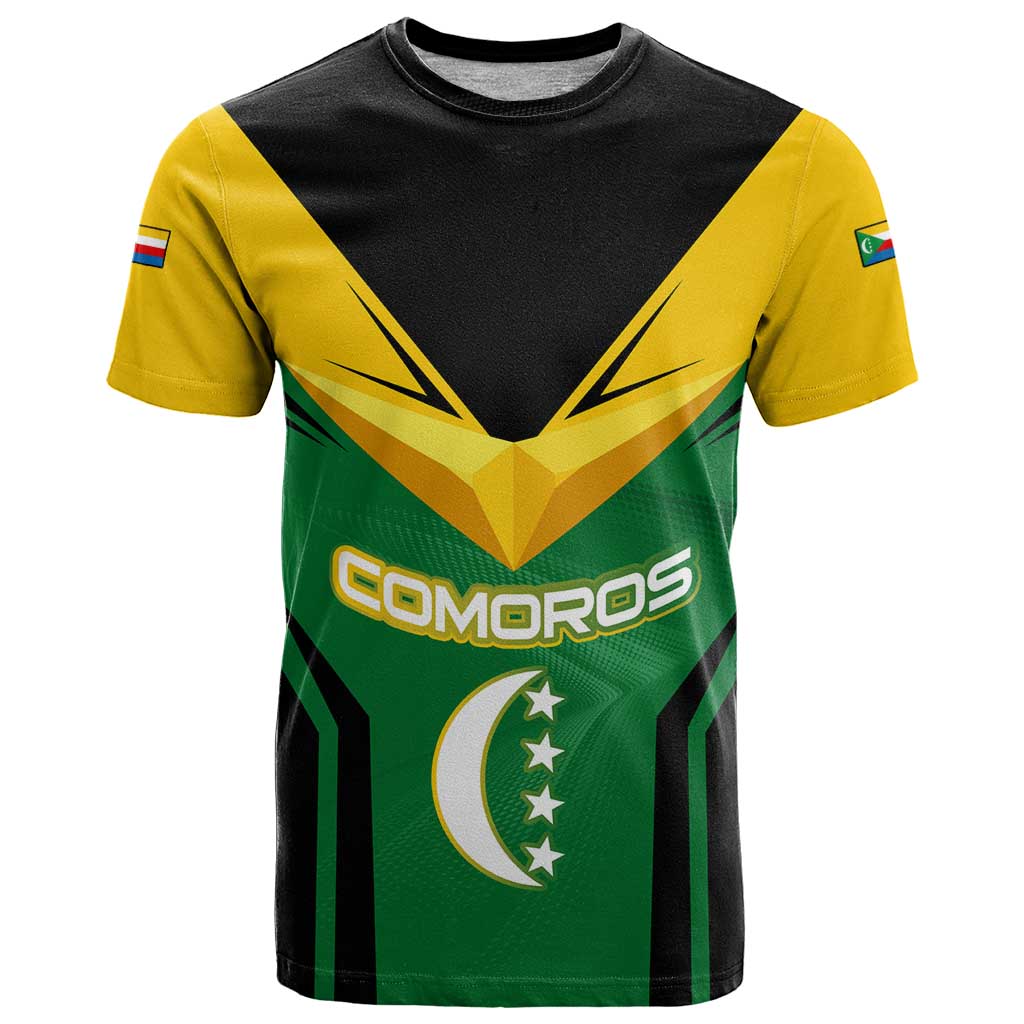 Comoros T Shirt with National Colors Green Yellow Black Crescent Moon and Stars Emblem