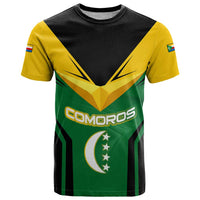 Comoros T Shirt with National Colors Green Yellow Black Crescent Moon and Stars Emblem