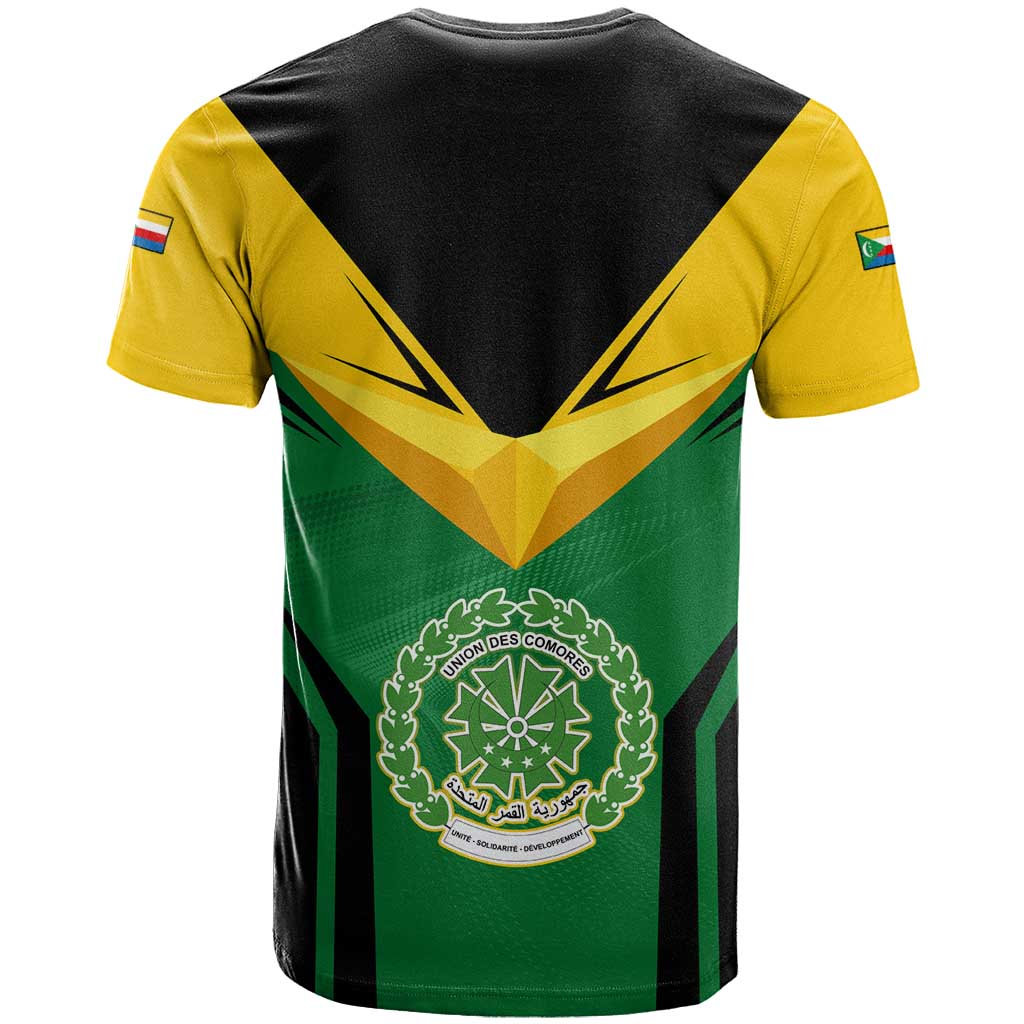 Comoros T Shirt with National Colors Green Yellow Black Crescent Moon and Stars Emblem