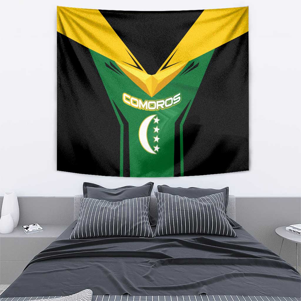 Comoros Tapestry with National Colors Green Yellow Black Crescent Moon and Stars Emblem