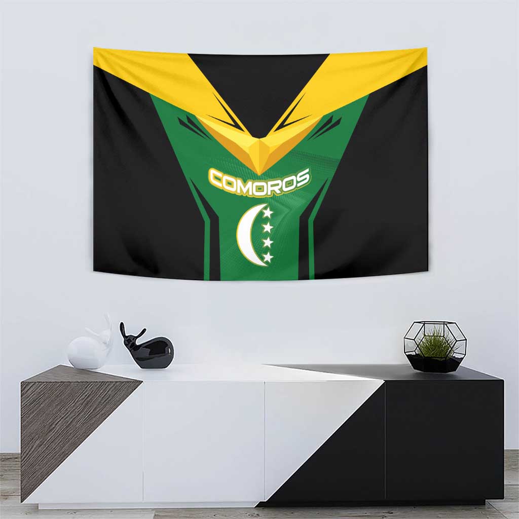 Comoros Tapestry with National Colors Green Yellow Black Crescent Moon and Stars Emblem