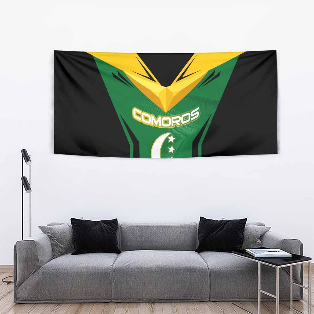 Comoros Tapestry with National Colors Green Yellow Black Crescent Moon and Stars Emblem