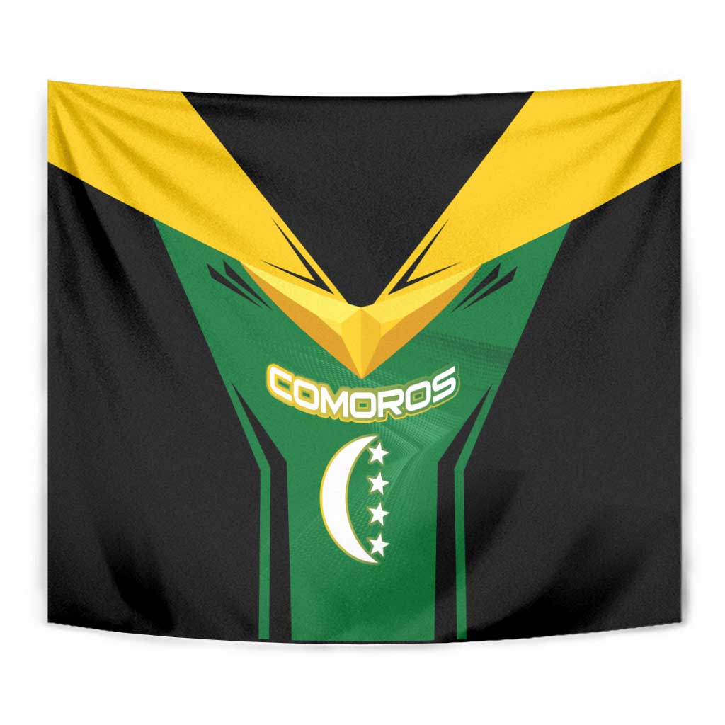 Comoros Tapestry with National Colors Green Yellow Black Crescent Moon and Stars Emblem