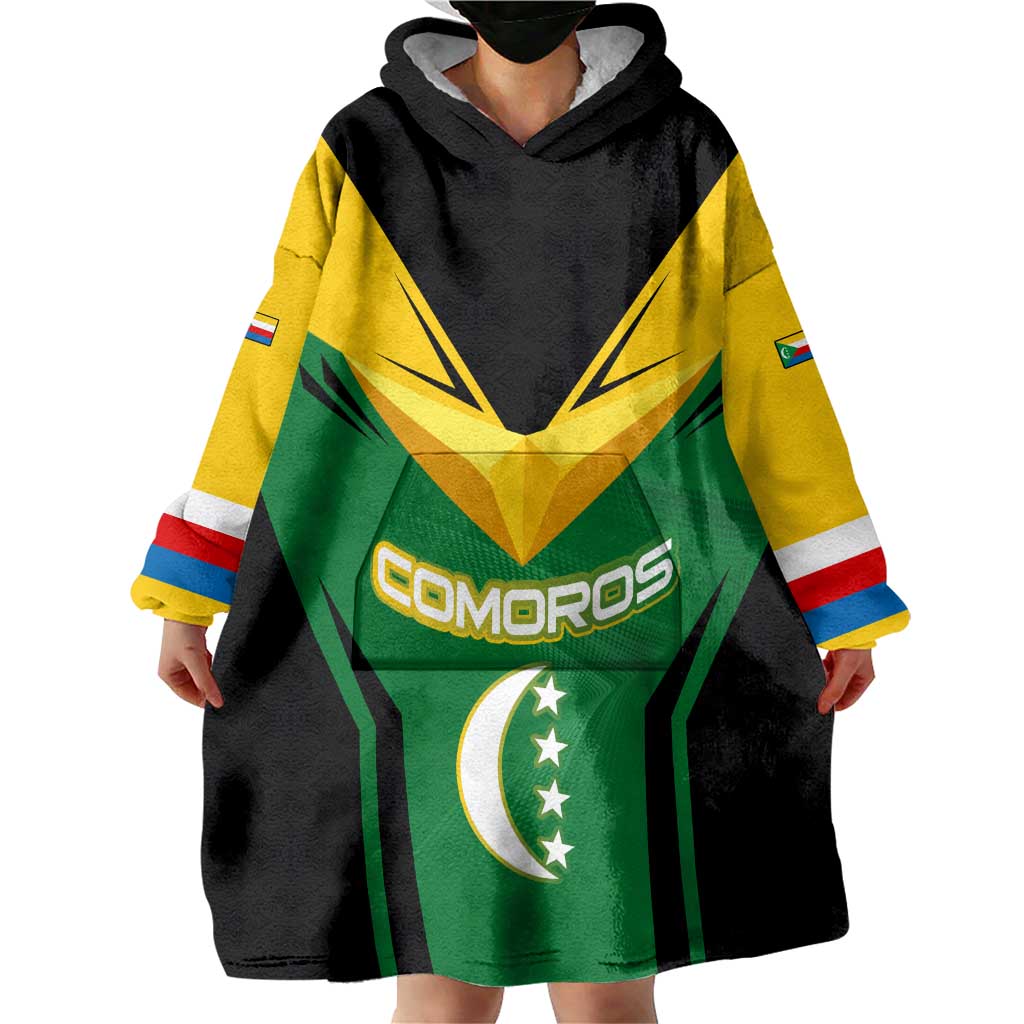 Comoros Wearable Blanket Hoodie with National Colors Green Yellow Black Crescent Moon and Stars Emblem