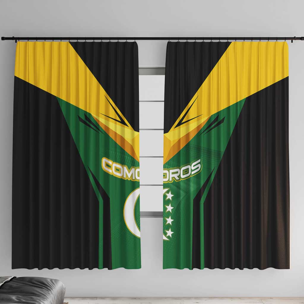 Comoros Window Curtain with National Colors Green Yellow Black Crescent Moon and Stars Emblem