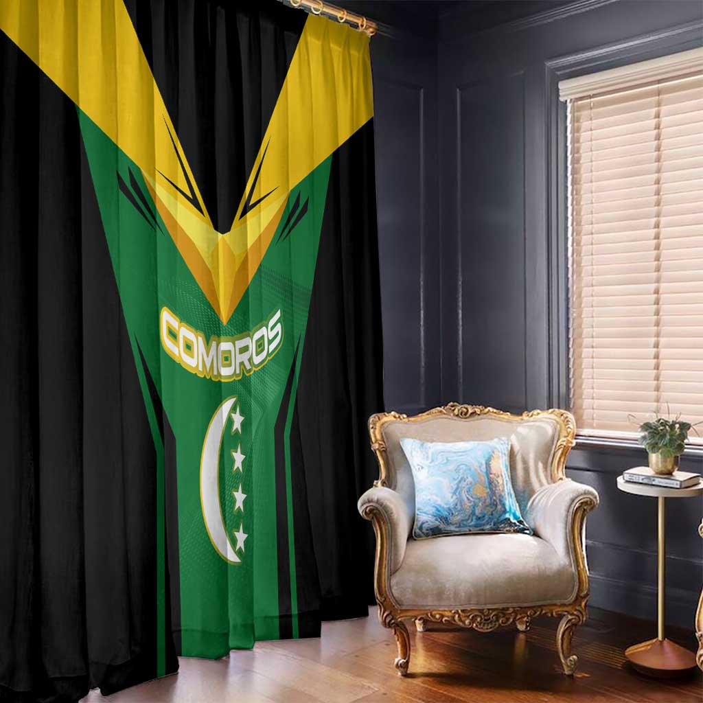 Comoros Window Curtain with National Colors Green Yellow Black Crescent Moon and Stars Emblem