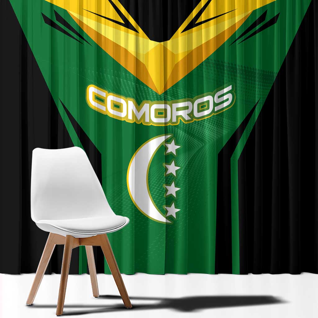 Comoros Window Curtain with National Colors Green Yellow Black Crescent Moon and Stars Emblem