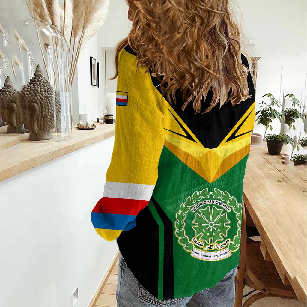 Comoros Women Casual Shirt with National Colors Green Yellow Black Crescent Moon and Stars Emblem