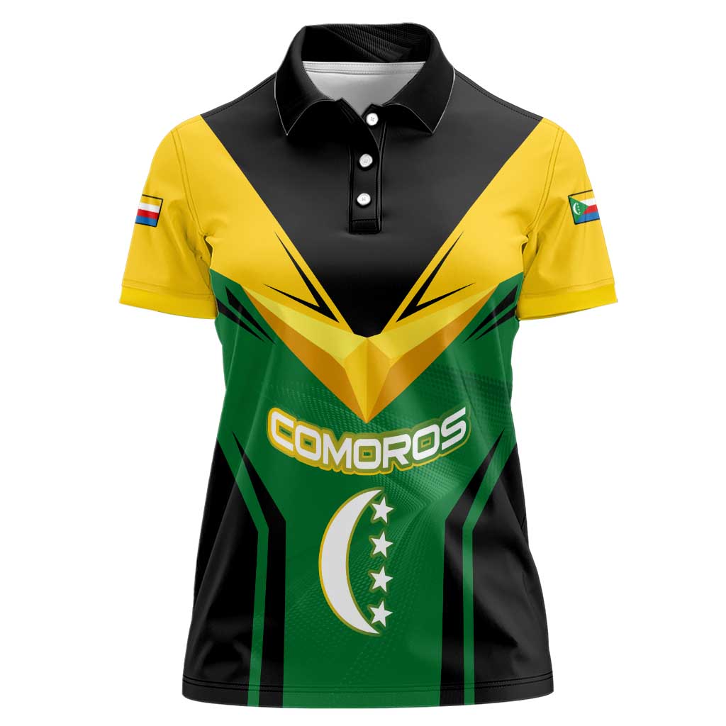 Comoros Women Polo Shirt with National Colors Green Yellow Black Crescent Moon and Stars Emblem