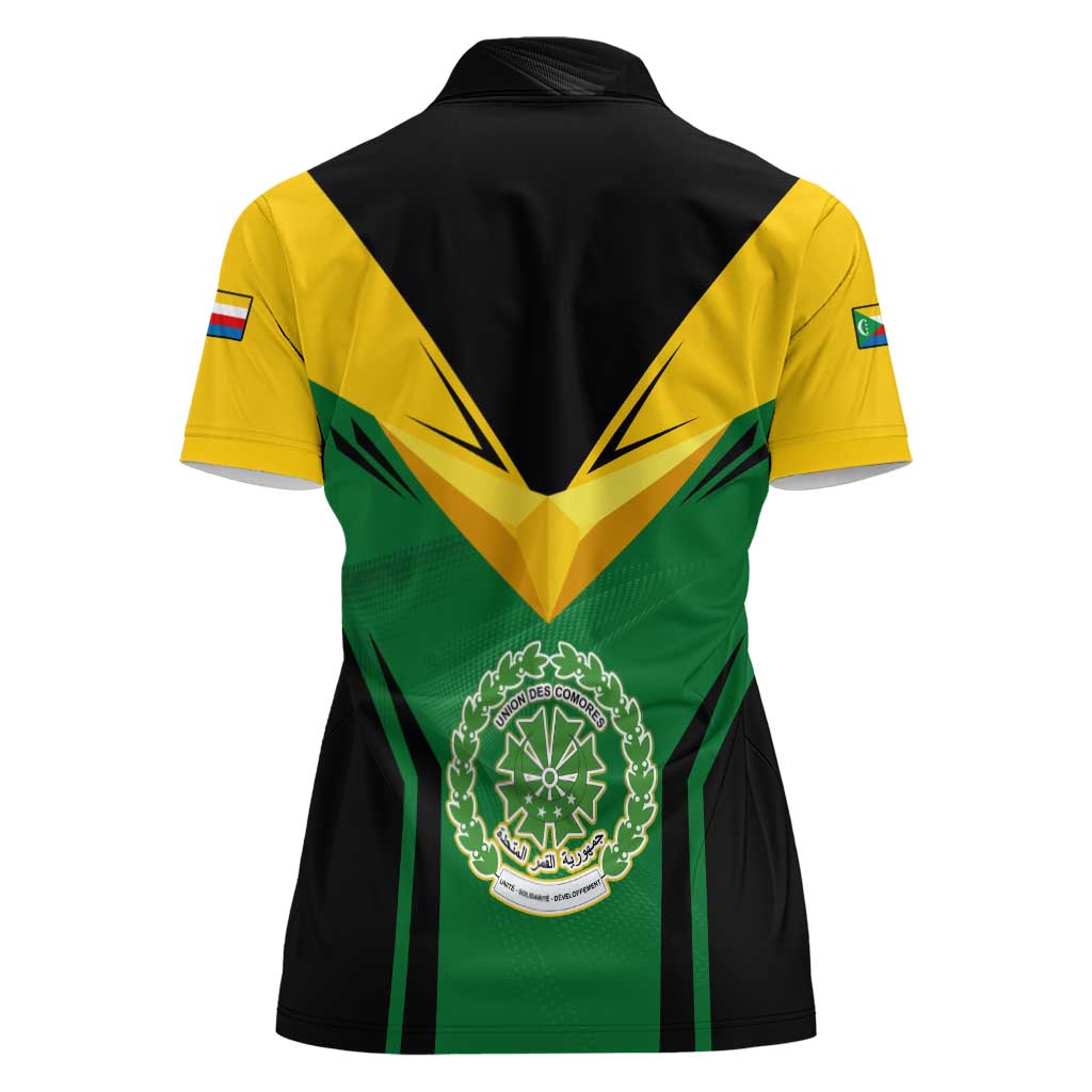 Comoros Women Polo Shirt with National Colors Green Yellow Black Crescent Moon and Stars Emblem