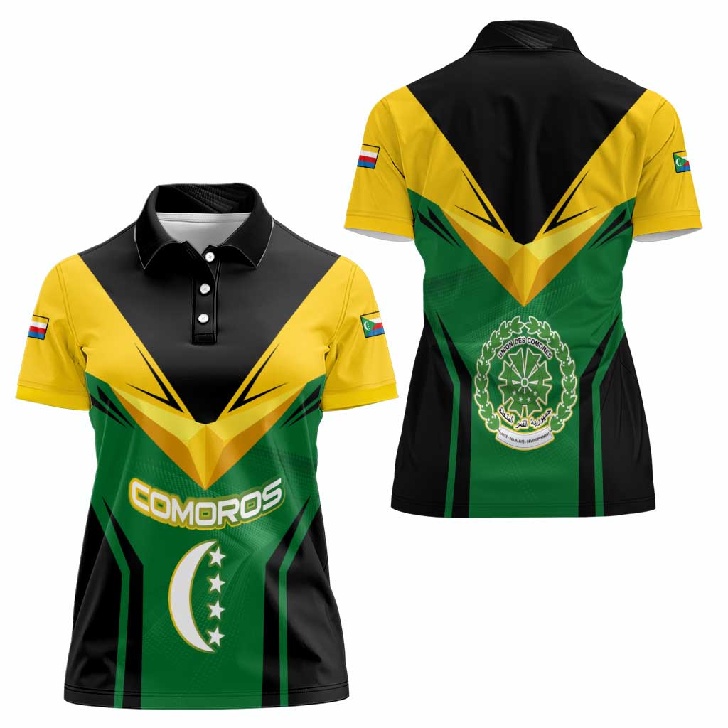 Comoros Women Polo Shirt with National Colors Green Yellow Black Crescent Moon and Stars Emblem
