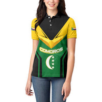 Comoros Women Polo Shirt with National Colors Green Yellow Black Crescent Moon and Stars Emblem